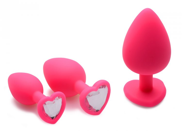 Pink Hearts 3 Piece Silicone Anal Plugs with Gem Accents Anal Toys, Silicone Anal Toys, Silicone Toys, Butt Plugs