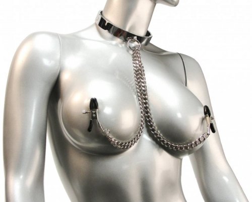 Chrome Slave Collar with Nipple Clamps - SmallMedium Bondage Gear, Nipple Toys, Collars, Nipple Clamps and Tweezers