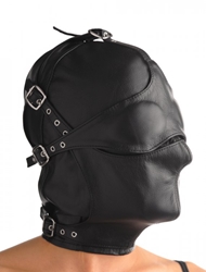 Asylum Leather Hood with Removable Blindfold and Muzzle- SM Hoods and Blindfolds, Leather Bondage Goods, Hoods and Muzzles