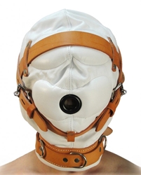 Total Sensory Deprivation White Leather Hood - MediumLarge Beginner Bondage, Bondage Gear, Hoods and Blindfolds, Medical Gear, Hoods and Muzzles