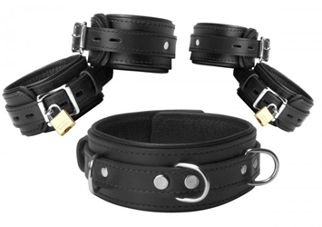 Black Premium Leather Bondage Essentials Kit Bondage Gear, Leather Bondage Goods, Ankle and Wrist Restraints, Bondage Kits